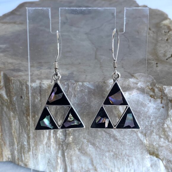 Sterling Silver 925 Southwest Style Abalone Inlay Triangle Dangle Drop Earrings - Picture 10 of 15
